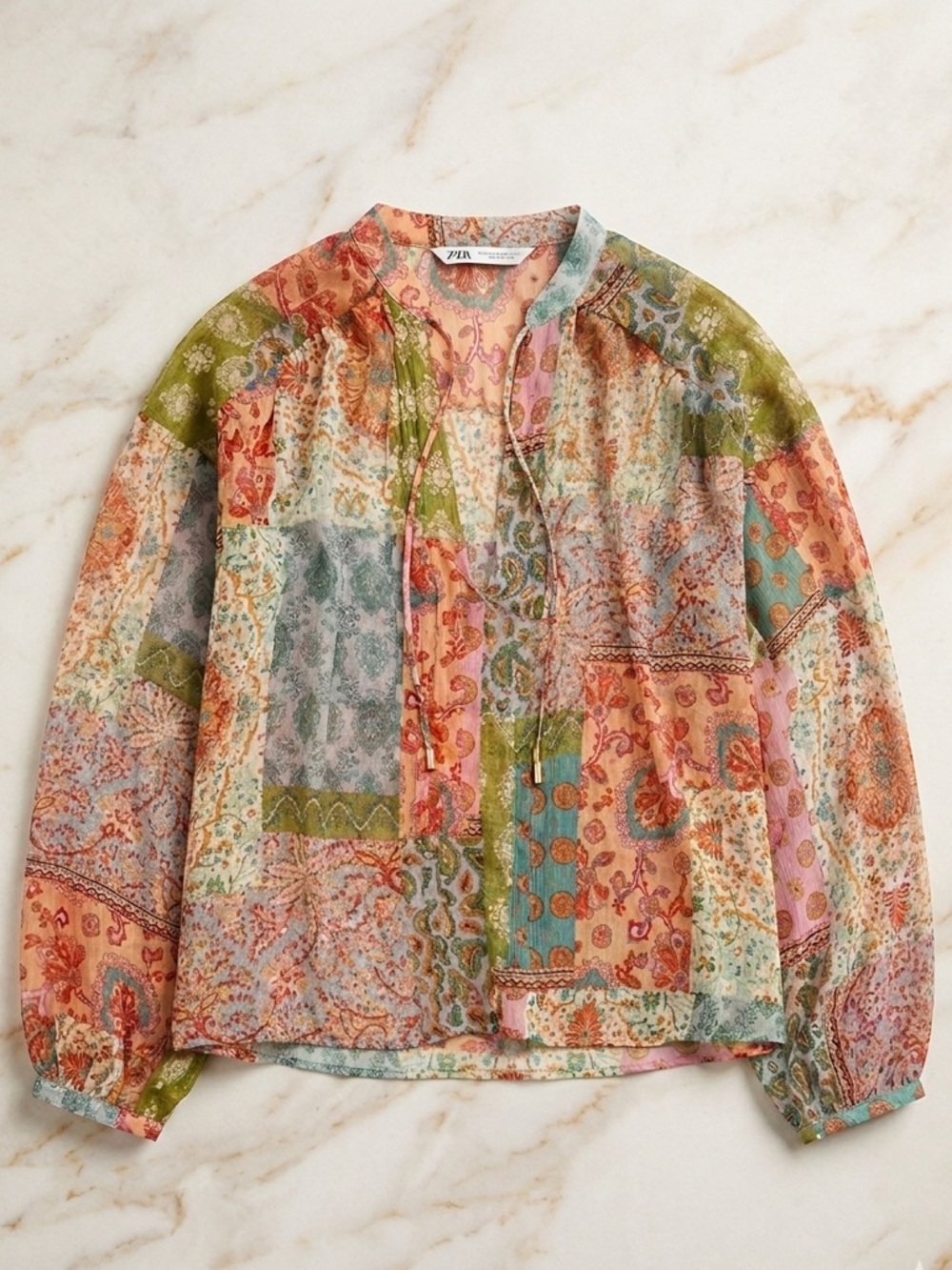 Zara Boho Patchwork V-Neck Blouse in Peach, Teal‎ & Pink Size XL NWOT